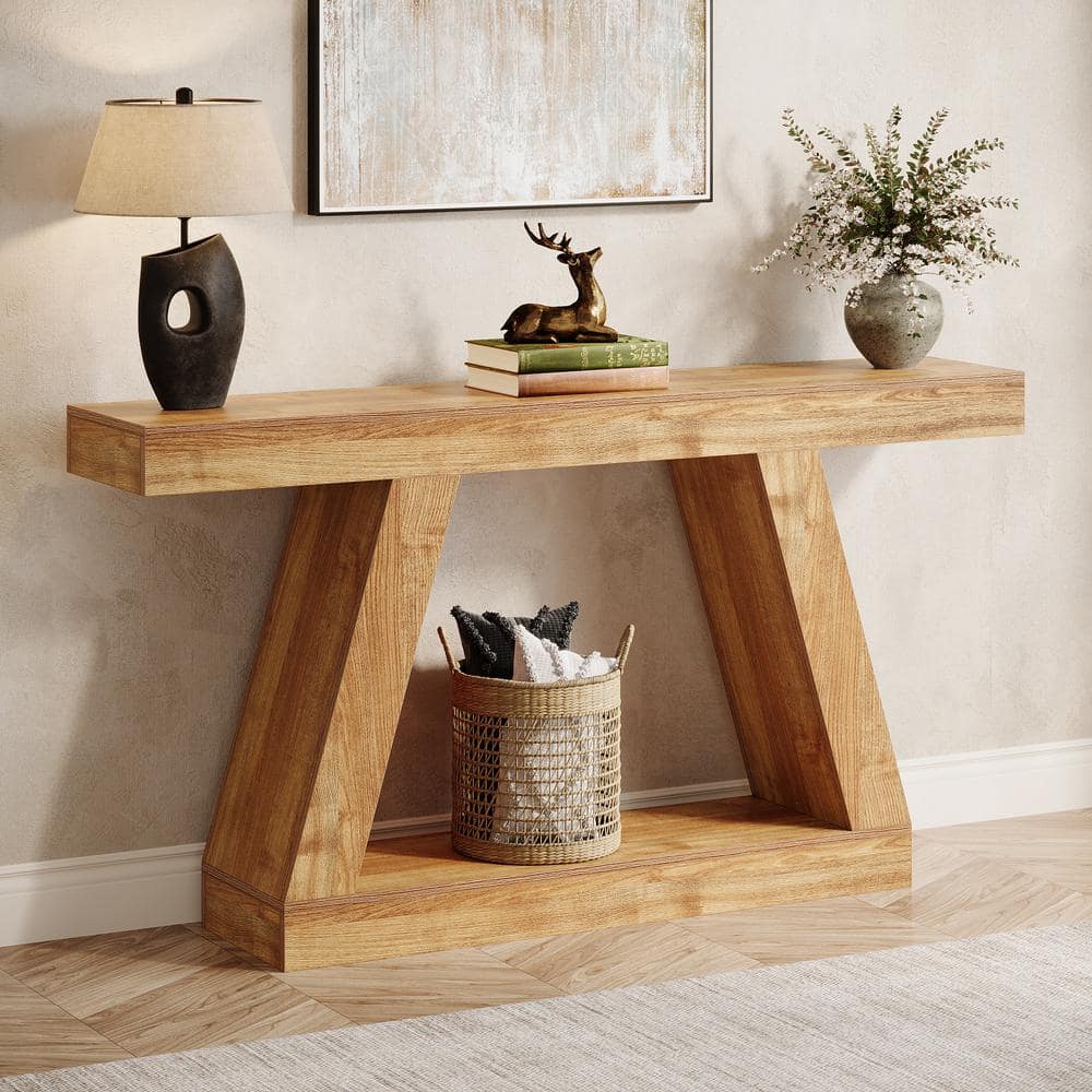 BYBLIGHT 55.12 in. Natural Brown Rectangle Engineered Wood Console ...