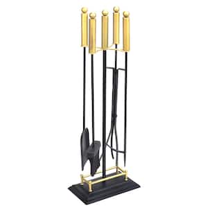 5-Pieces Fireplace Tool Set Rustic Wrought Iron Firewood Burning Polished Brass