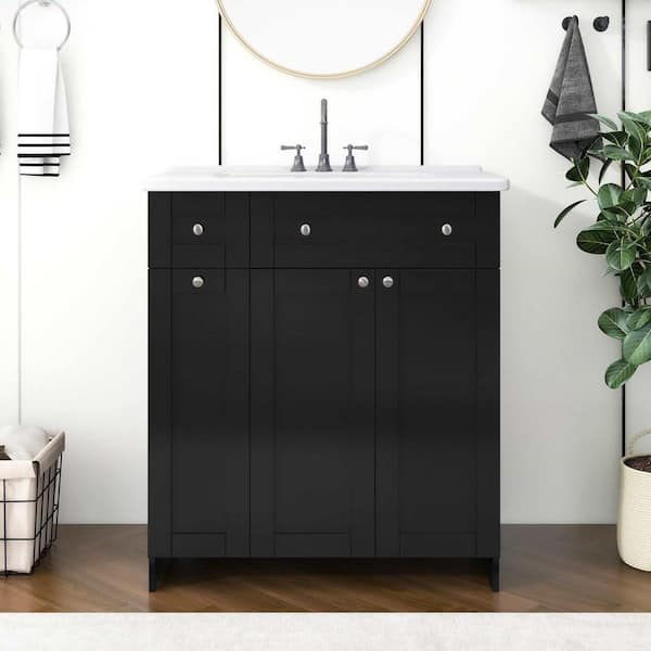 30 in. W Single Sink Bath Vanity in Black with White Ceramic Top, 2 Soft-close Doors and Double-tier Deep Drawer