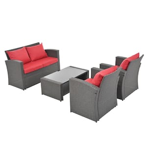 4-Piece Dark Gray Wicker Patio Conversation Set with Red Cushions, Tempered Glass Coffee Table