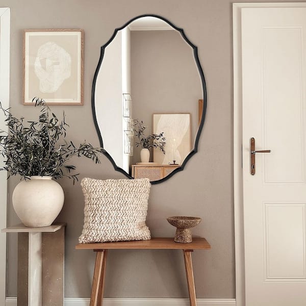 LuxHomez 24 in. W x 35.8 in. H Black Wood Frame Irregular Decorative Wall Mirror/Bathroom Mirror