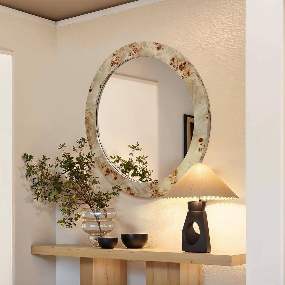 31.5-Inch Round Burlywood Veneer Accent Wall Mirror