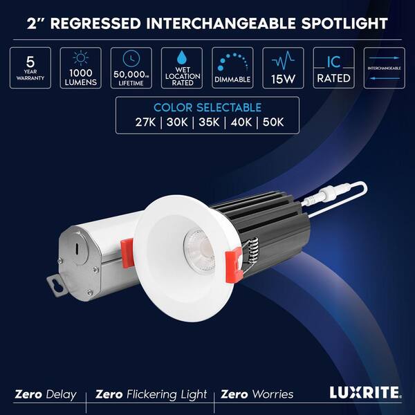 LUXRITE 2 in. LED Recessed Light J-Box 15 Watt 5 Color Selectable