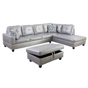 Silver Right Facing Faux Leather Sectional Sofa Set
