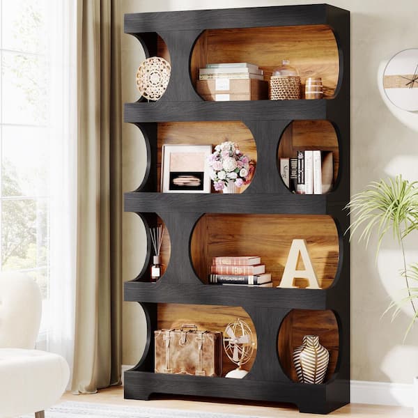 Eulas 71.26 in. Tall Black Wood 4-Shelf Standard Bookcase Modern Freestanding Display Shelves, Large Library Book Shelf