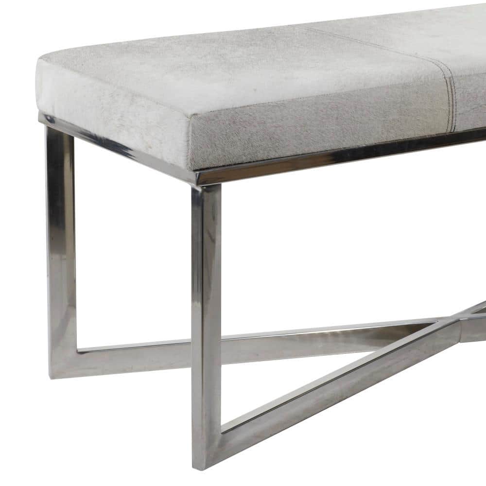Gray Handmade Cowhide Bench with Silver Metal X-Base