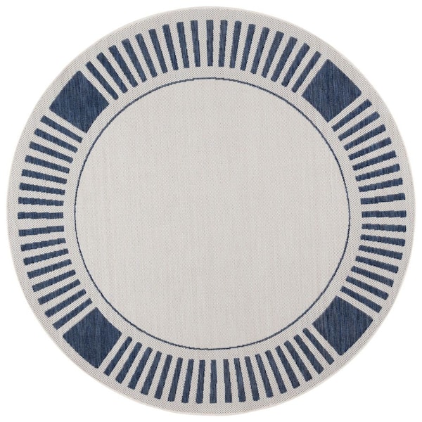 Beach House Ivory/Navy 7 ft. x 7 ft. Striped Border Indoor/Outdoor Round Area Rug