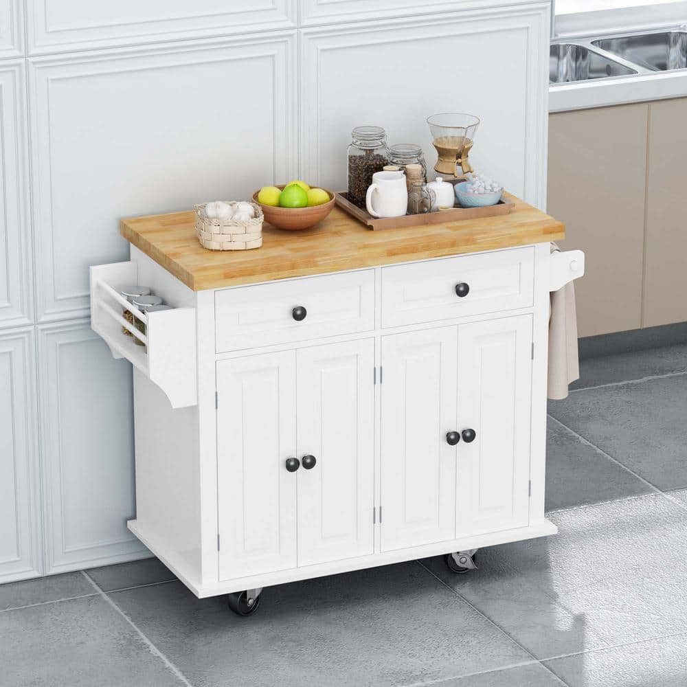 White Wood 43.31 in. Kitchen Island Cart with 4 Door, 2-Drawers, Spice ...