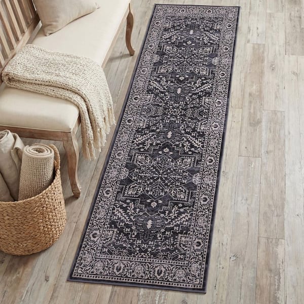 Eleanor Vintage Medallion Border Machine-Washable Dark Gray/Multi 2 ft. x 8 ft. Runner Rug