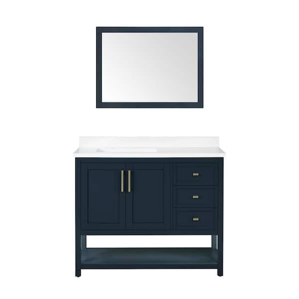 OVE Decors Stanley 42 in. W x 22 in. D x 34 in. H Single Sink Vanity in Midnight Blue with White Engineered Stone Top and MR