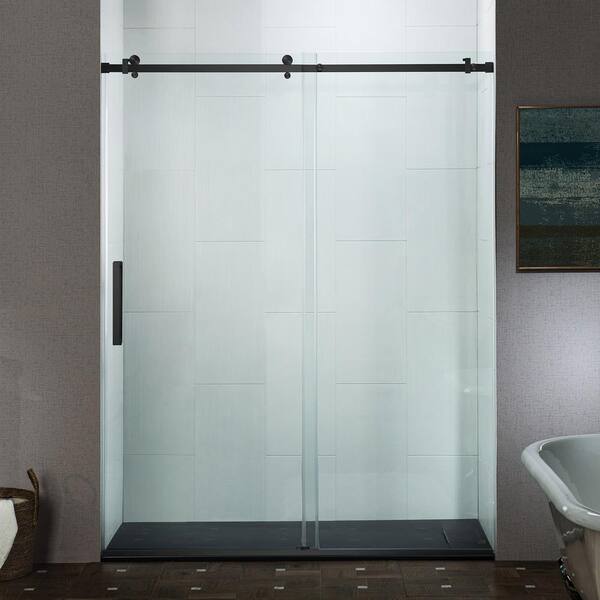 WOODBRIDGE 60 in. W x 76 in. H Frameless Single Sliding Shower Door in Matte Black with 5/16 in. (8 mm) Clear Glass