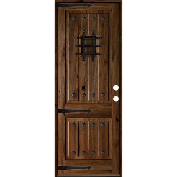 Krosswood Doors 30 in. x 96 in. Mediterranean Knotty Alder Square Top Provincial Stain Left-Hand Inswing Wood Single Prehung Front Door