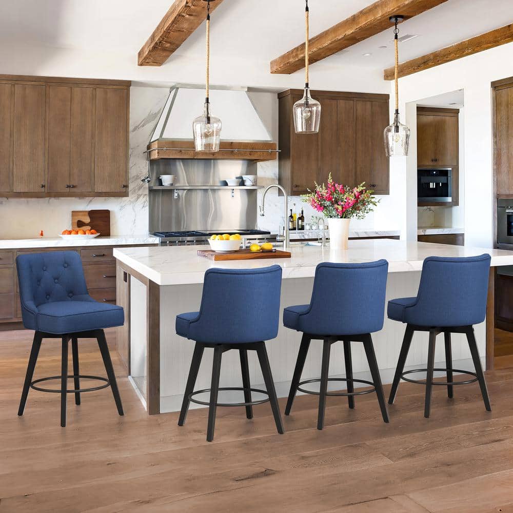 Navy Upholstered Swivel Counter Stool with Tufted Back and Metal Legs