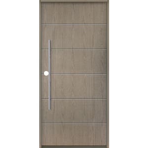 TETON Modern Faux Pivot 36 in. x 80 in. Right-Hand/Inswing Solid Panel Oiled Leather Stain Fiberglass Prehung Front Door