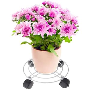 13.8 in. Dia Movable Potted Decorative Tray Indoor/Outdoor White Metal Plant Pots Plant Stand with Wheels