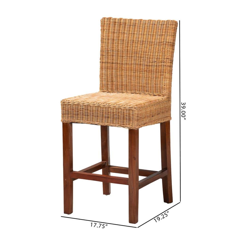 Racquel Mahogany Wood and Rattan Counter Stool in Walnut Brown