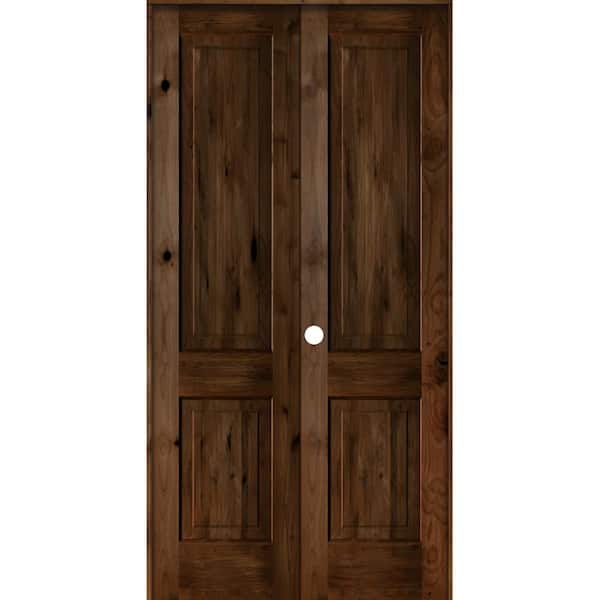 Krosswood Doors 48 in. x 96 in. Rustic Knotty Alder 2-Panel Square Top Right-Handed Provincial Stain Wood Prehung Interior Double Door