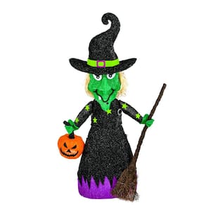 Pre-Lit Halloween Green Witch with Broom