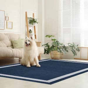 Everest Navy Creme 5 ft. 8 in. x 9 ft. Machine Washable Geometric Modern Border Polyester Non-Slip Backing Area Rug