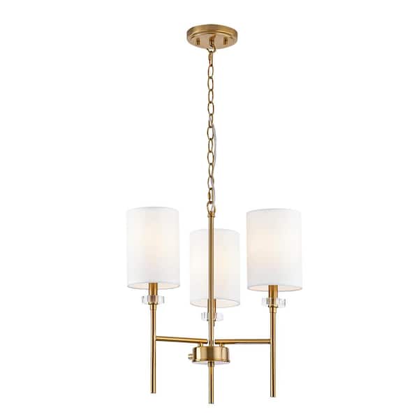 3 Light Modern Aged Brass Finish Chandelier With White Fabric Shades