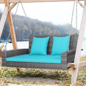 2-Person PE Wicker Hanging Porch Patio Swing Bench Chair with Turquoise Cushion