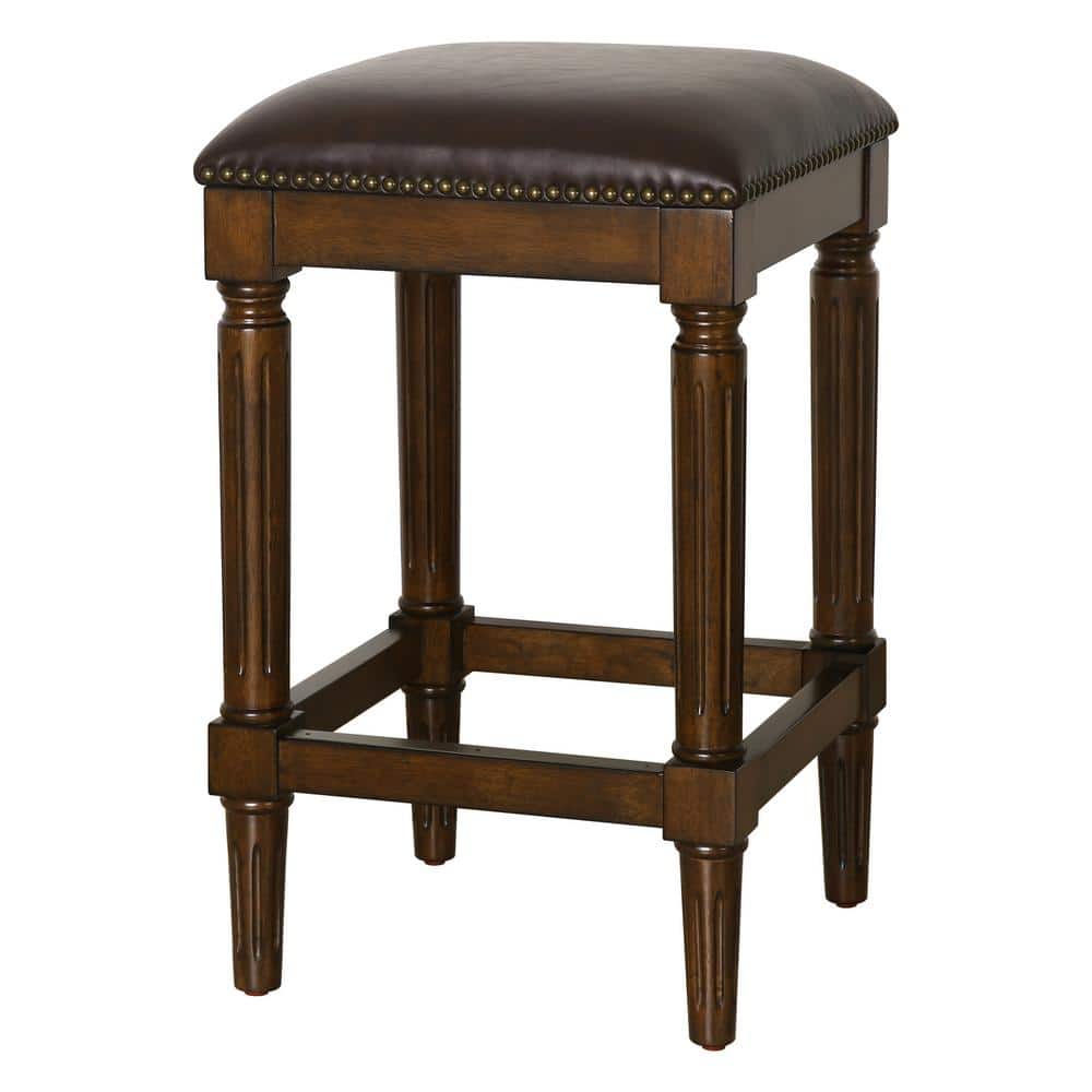 Distressed Walnut 30" Backless Bar Stool with Faux Leather Seat