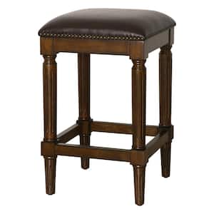 Manchester 31 in.H Distressed Walnut Backless Wood Square Bar Stool with Faux Leather Seat