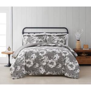 Rochelle 3-Piece Grey Floral Cotton Full/Queen Comforter Set