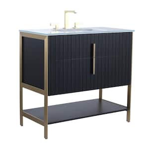 36 in. W x 18 in. D x 33.5 in. H Bath Vanity in Black Matte with Glass Vanity Top in White with Brass Hardware