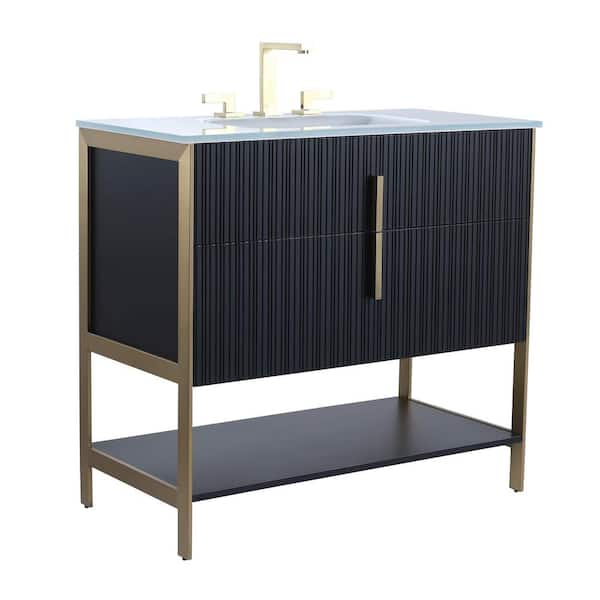 FINE FIXTURES 36 in. W x 18 in. D x 33.5 in. H Bath Vanity in Black Matte with Glass Vanity Top in White with Brass Hardware