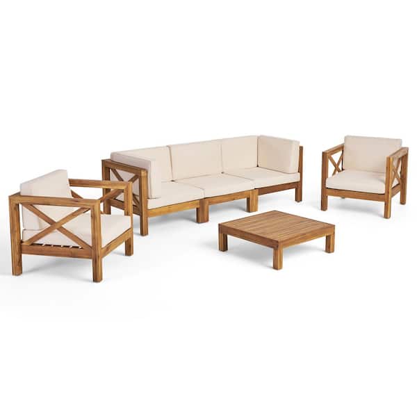 Noble House Brava Teak Brown 6-Piece Wood Outdoor Patio Conversation Seating Set with Beige Cushions