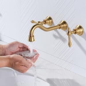 Double Handle 3-Hole Brass Wall Mounted Antique Bathroom Sink Faucet in Brushed Gold