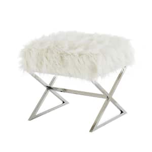 Elora White/Chrome Upholstered X-Leg Faux Fur Ottoman