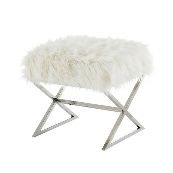 Inspired Home Elora White/Chrome Upholstered X-Leg Faux Fur Ottoman