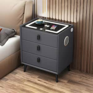 Dark Gray 3-Drawer 19.70 in. W Nightstand with Wireless Charging Station, USB Charging Ports and Bluetooth Audio