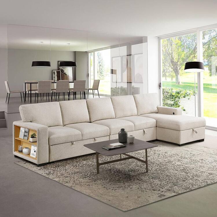 Lazzara Pegosa 144.5 in. Straight Arm 3-Piece Boucle Fabric Sectional Sofa in Beige with Right Chaise, Pull-Out Bed