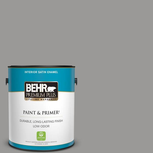 BEHR PREMIUM PLUS 1 gal. Home Decorators Collection #HDC-NT-10A Dolphin Gray Satin Enamel Low Odor Interior Paint & Primer