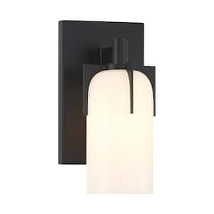 Caldwell 4.75 in. 1-Light Matte Black Bathroom Vanity Light with Etched White Opal Glass Shade