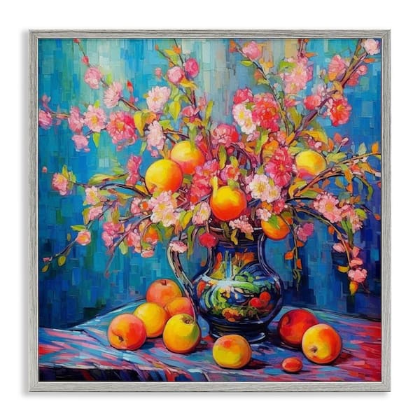 Stupell Industries Peach and Florals Bouquet by LSR Design Studio Gray Framed Nature Giclee Art Print 12 in. x 12 in.