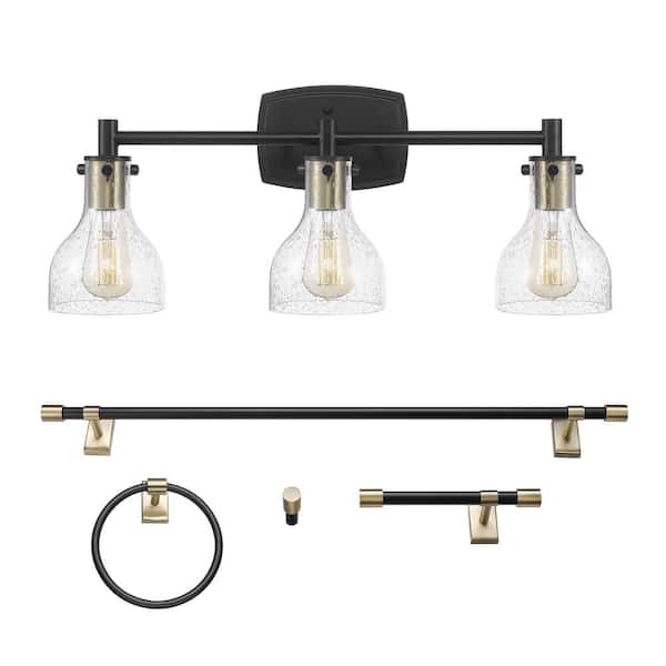 Globe Electric 5-Piece All-In-One Matte Black Bathroom Accessory Set with 24 in. 3-Light Vanity Light