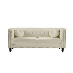 Fogg 75.98 in. Rolled Arm Faux Leather Mid-Century Modern Straight Sofa in White