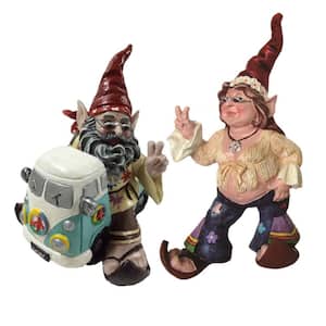 14.5 in. H Janice Chick Flower Child and Jerry Peace Man Hippie Gnome Riding in His VW Bus Home and Garden Gnome Statue