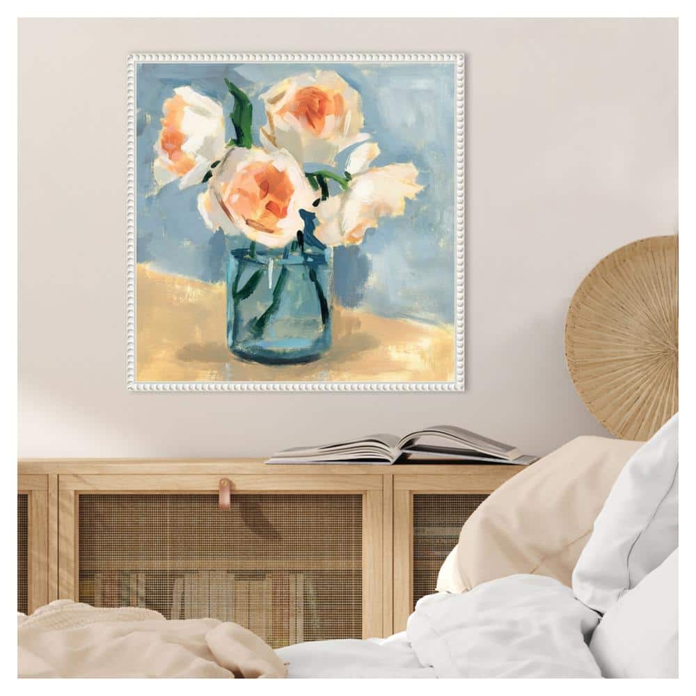 Peonies in Mason Jar II 22"x22" White Framed Canvas Wall Art