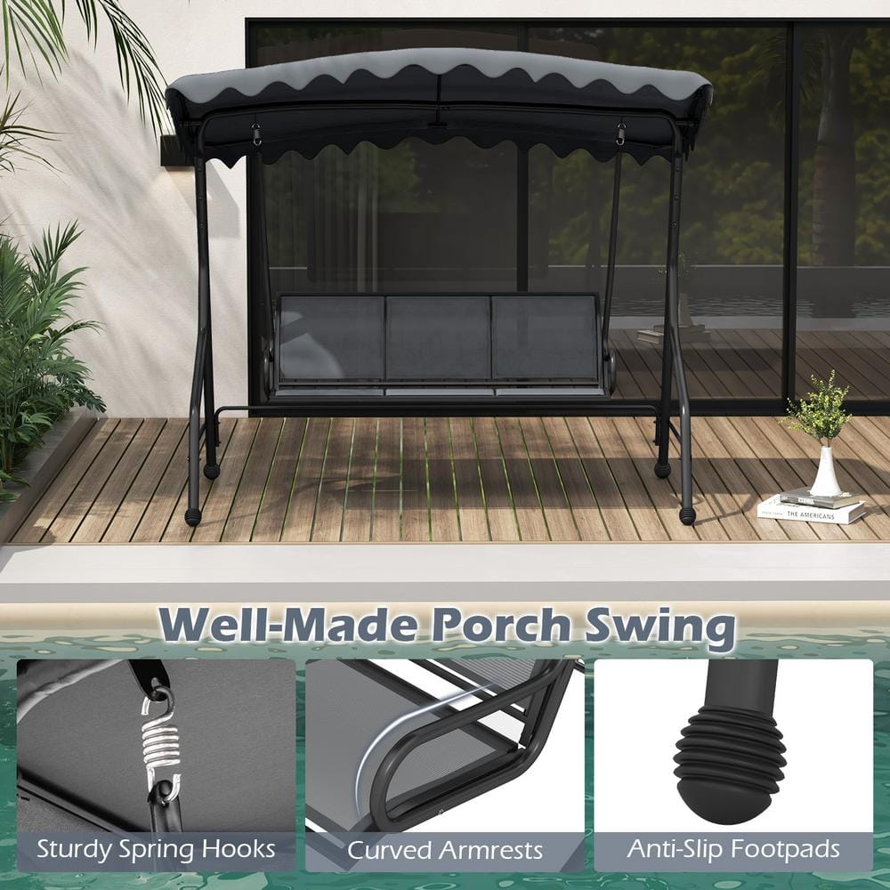 Gray Iron 3-Person Porch Swing with Adjustable Canopy