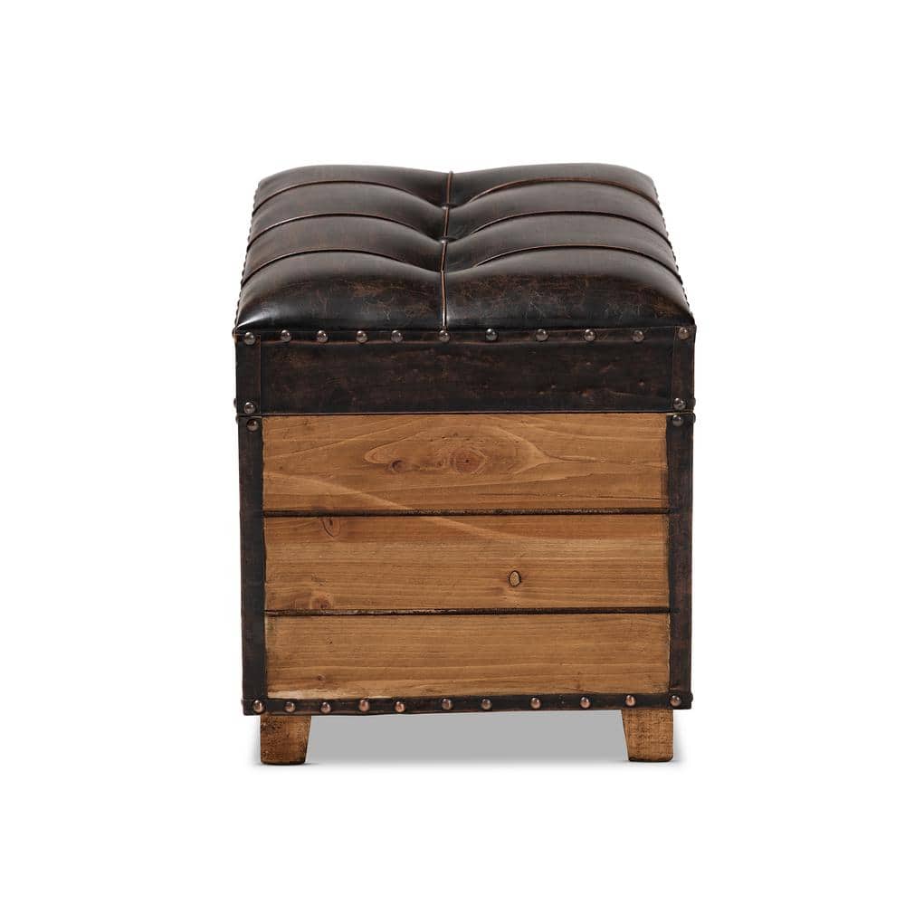 Rustic Dark Brown Faux Leather Tufted Trunk Ottoman Set