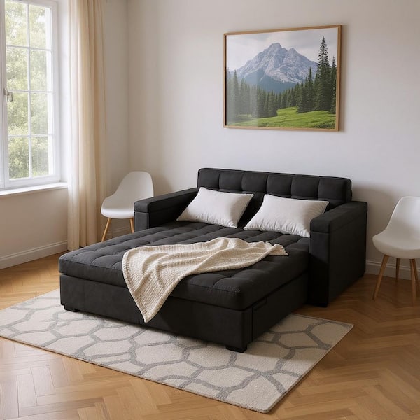 CSNJMX Twin Size 65 in. 3-in-1 Foldable Velvet Sofa Bed with Adjustable Backrest, USB Port, and Storage in Ink Black