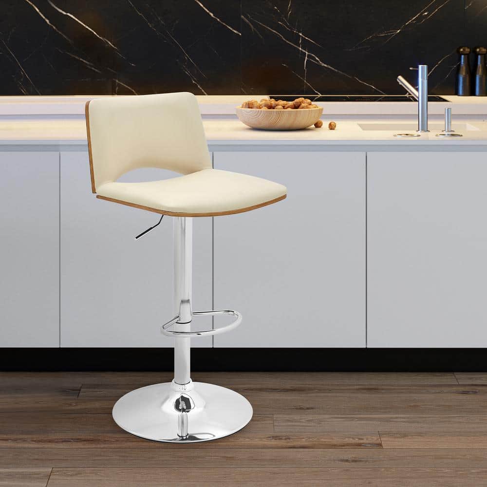 Contemporary Cream Leather & Walnut Swivel Adjustable Bar Stool
