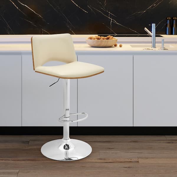 Armen Living Thierry Walnut Back and Chrome Adjustable Swivel Cream Faux Leather with Bar Stool