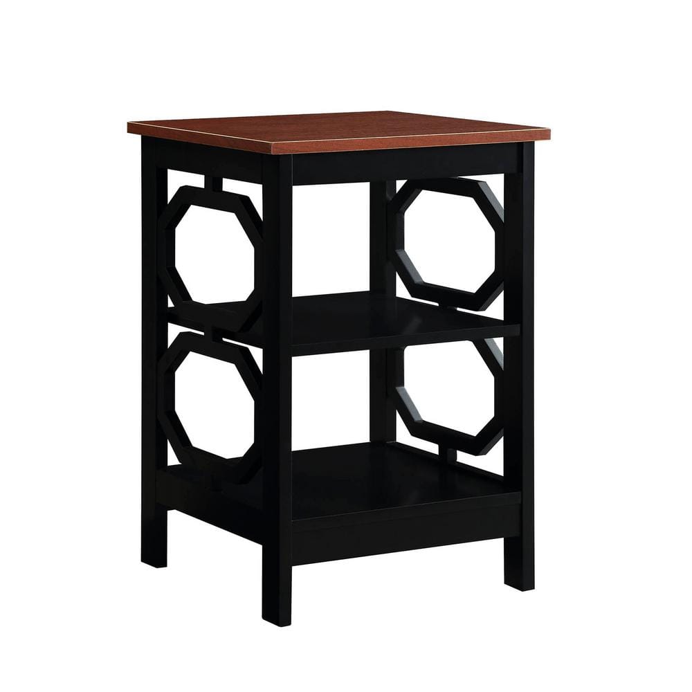 Round Cherry & Black Wood Omega End Table with Shelves