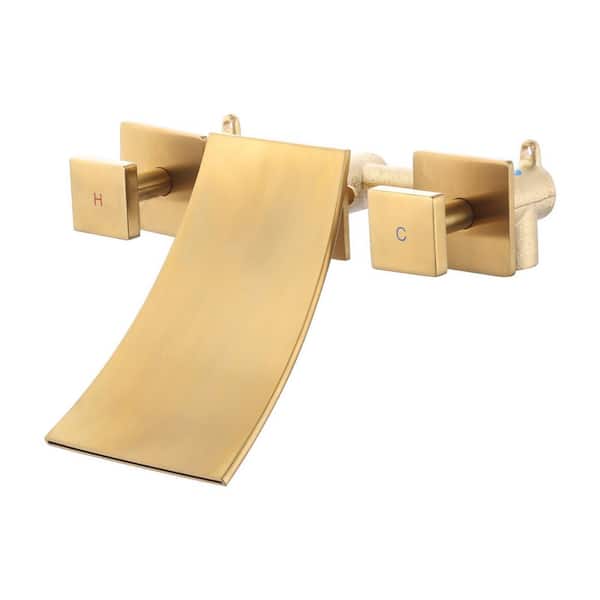 Double-Handle Wall-Mount Roman Tub Faucet with Waterfall Spout in Gold